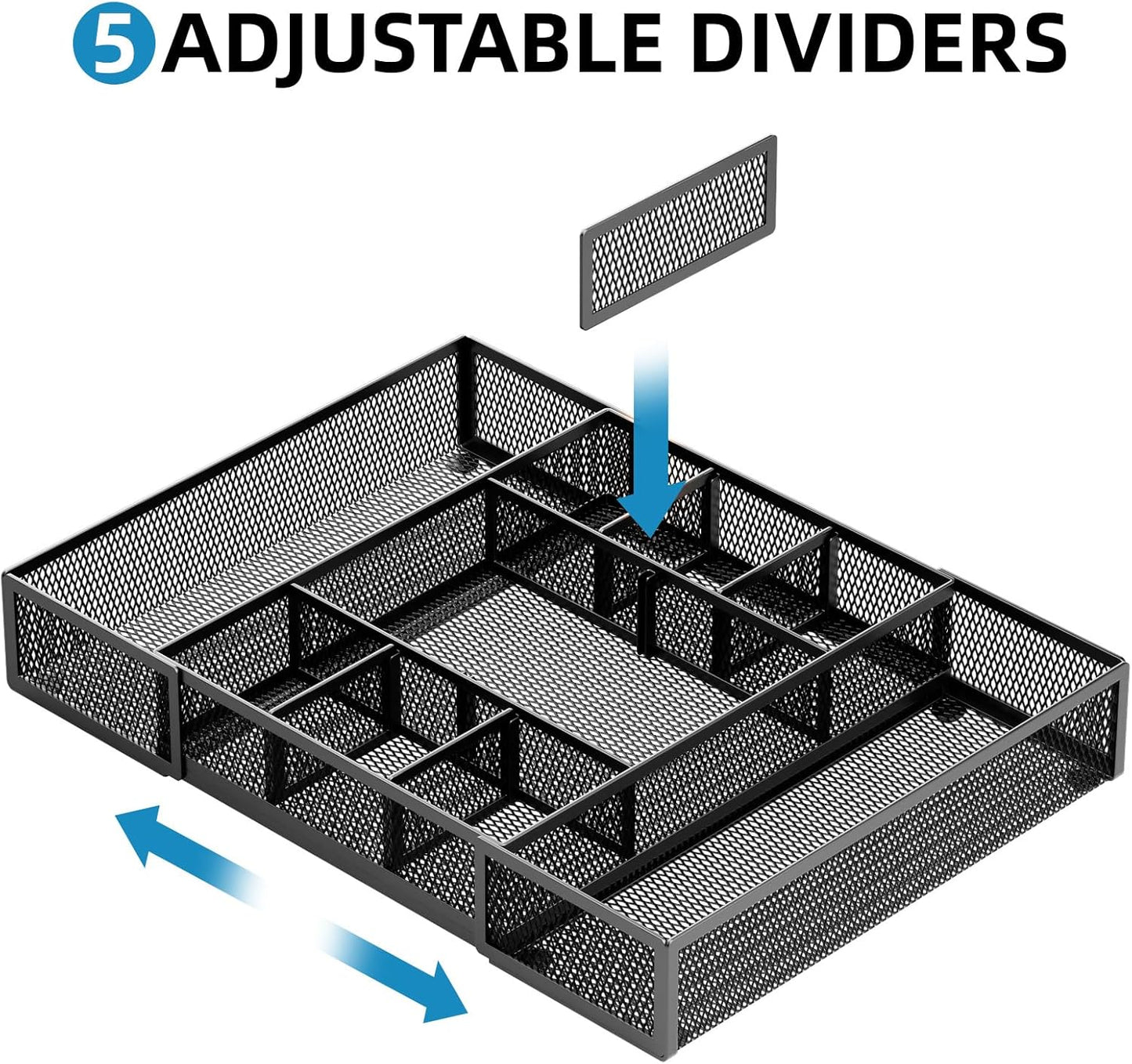 Marbrasse Expandable Desk Drawer Organizer, Mesh Drawer Organizer Tray with 10 Adjustable Compartments, Desk Organizers and Accessories for Office Supplies, Makeup & Vanity (Expandable Black-2 pack)