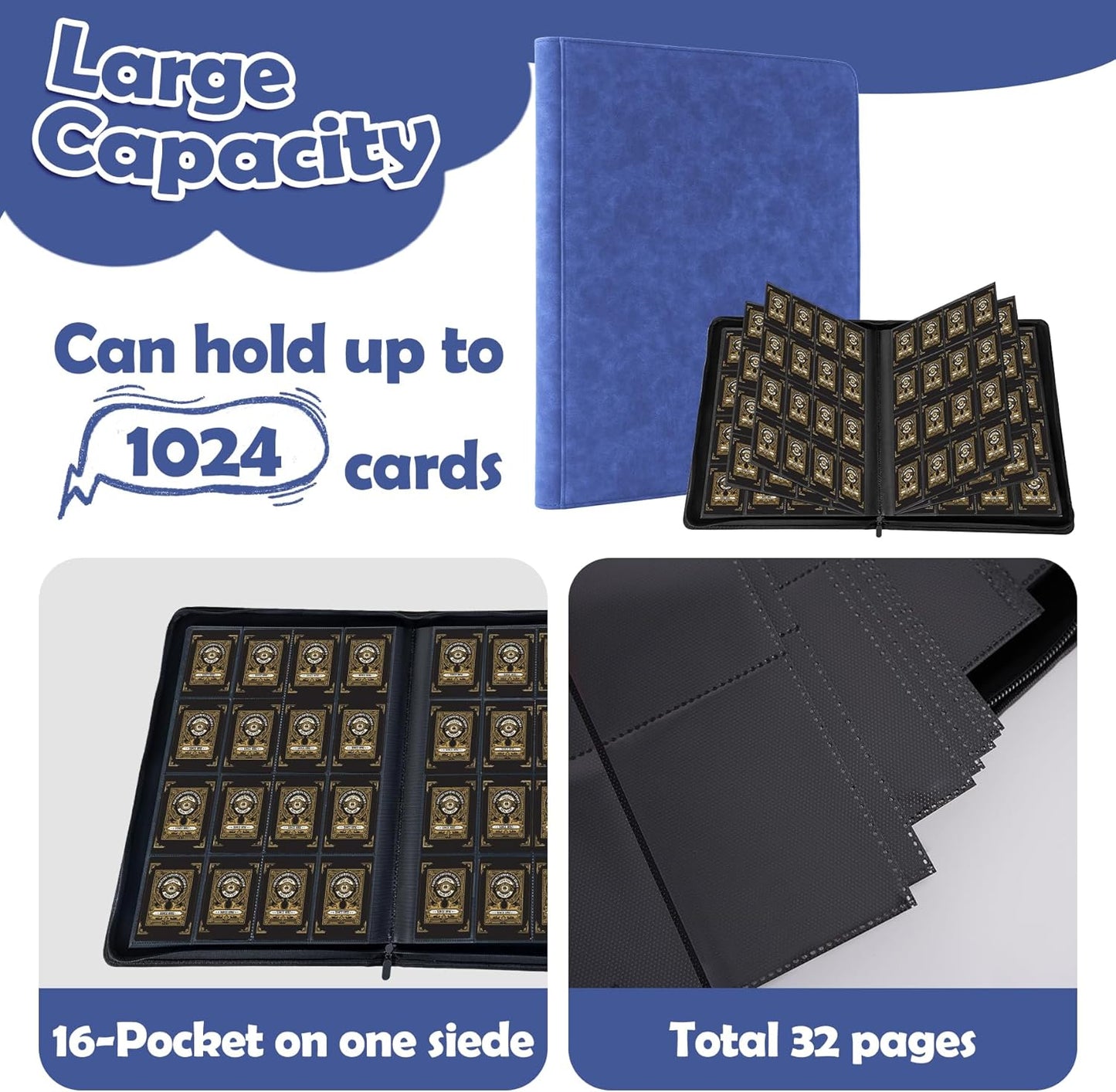 1000+ Pockets Card Binder,16 Pockets Trading Card Binder Ringless Side Loading Trading Card Album Folder for YuGiOh,MTG,TCG,Game Cards,Sports Cards,Business Cards (Dark Blue)