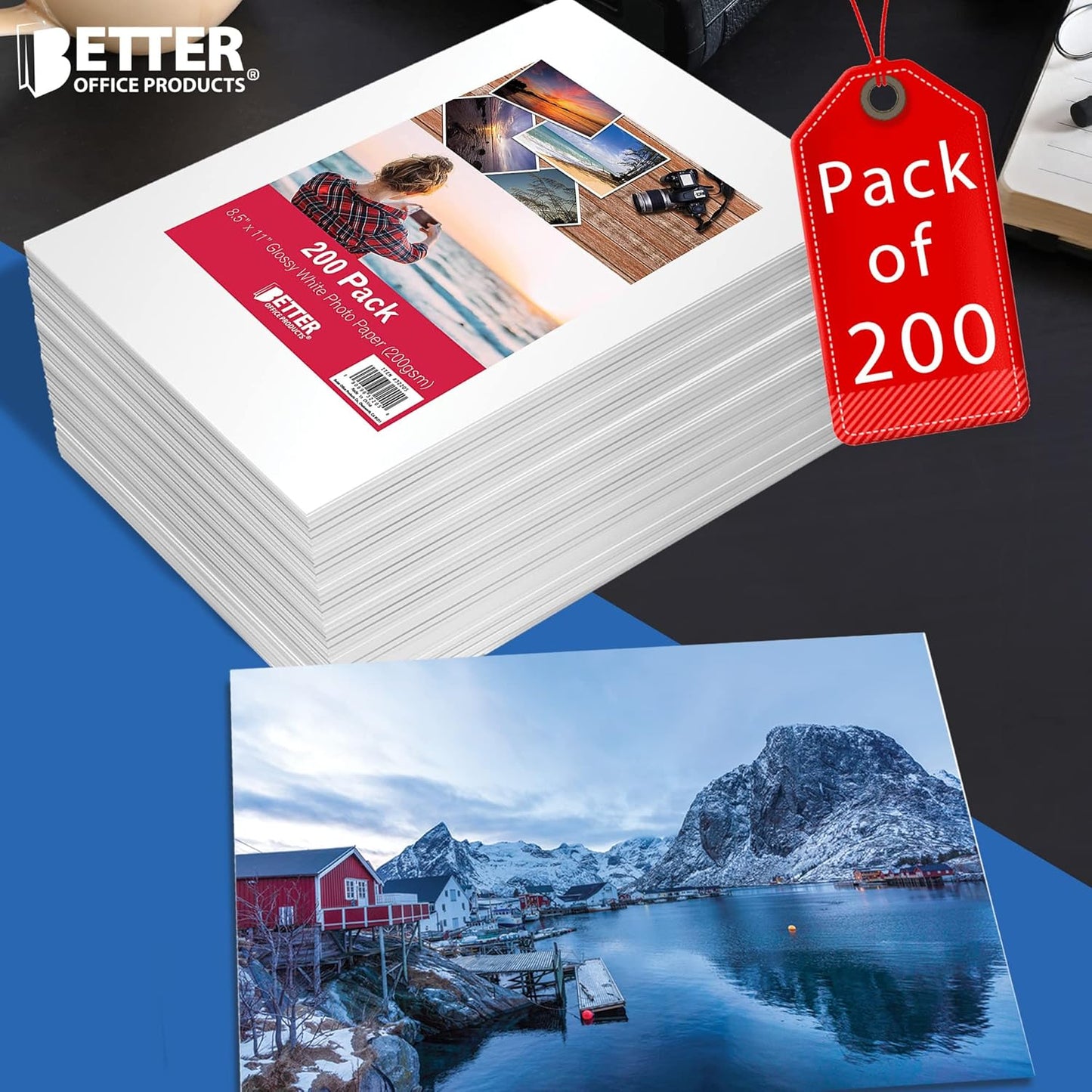 Glossy Photo Paper, 8.5 x 11 Inch, 200 Sheets, by Better Office Products, 200 gsm, Letter Size, 200-Count Pack