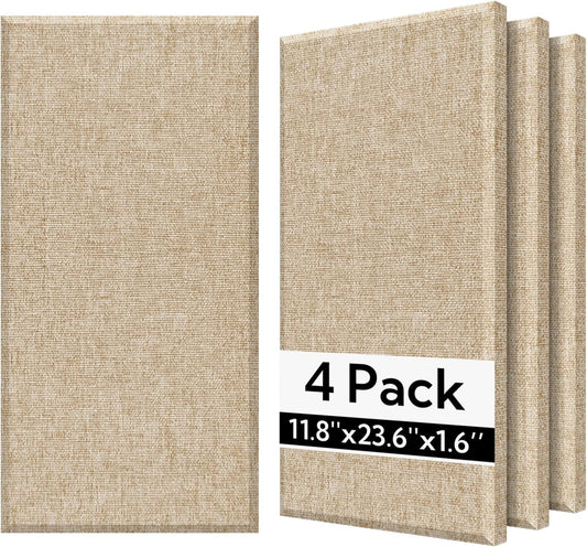 Olanglab Fiberglass Acoustic Wall Panels 4 Pack, 11.8'' x 23.6'' Sound Panels, Fabric Wrapped Sound Proof Panels for Walls (Khaki)