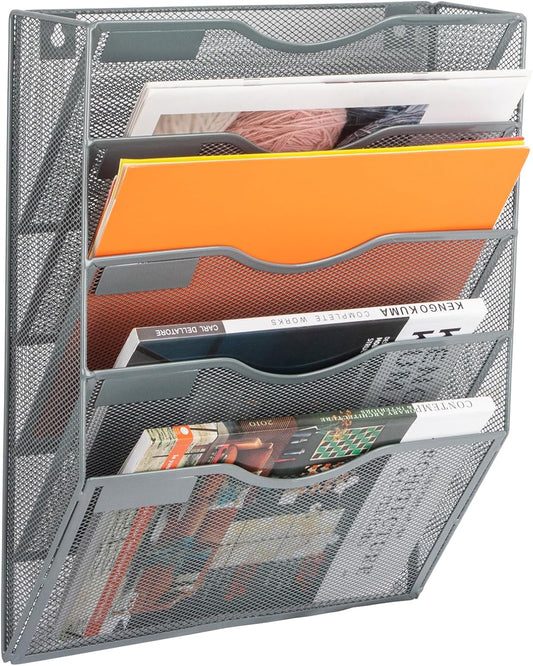 EASEPRES 5 Pocket Mesh Hanging Wall File Organizer, Wall Mounted Mail Paper Document Folder Holder, Clipboard Storage Organization Magazine Rack with Nametag Label for Office Home School, Gray