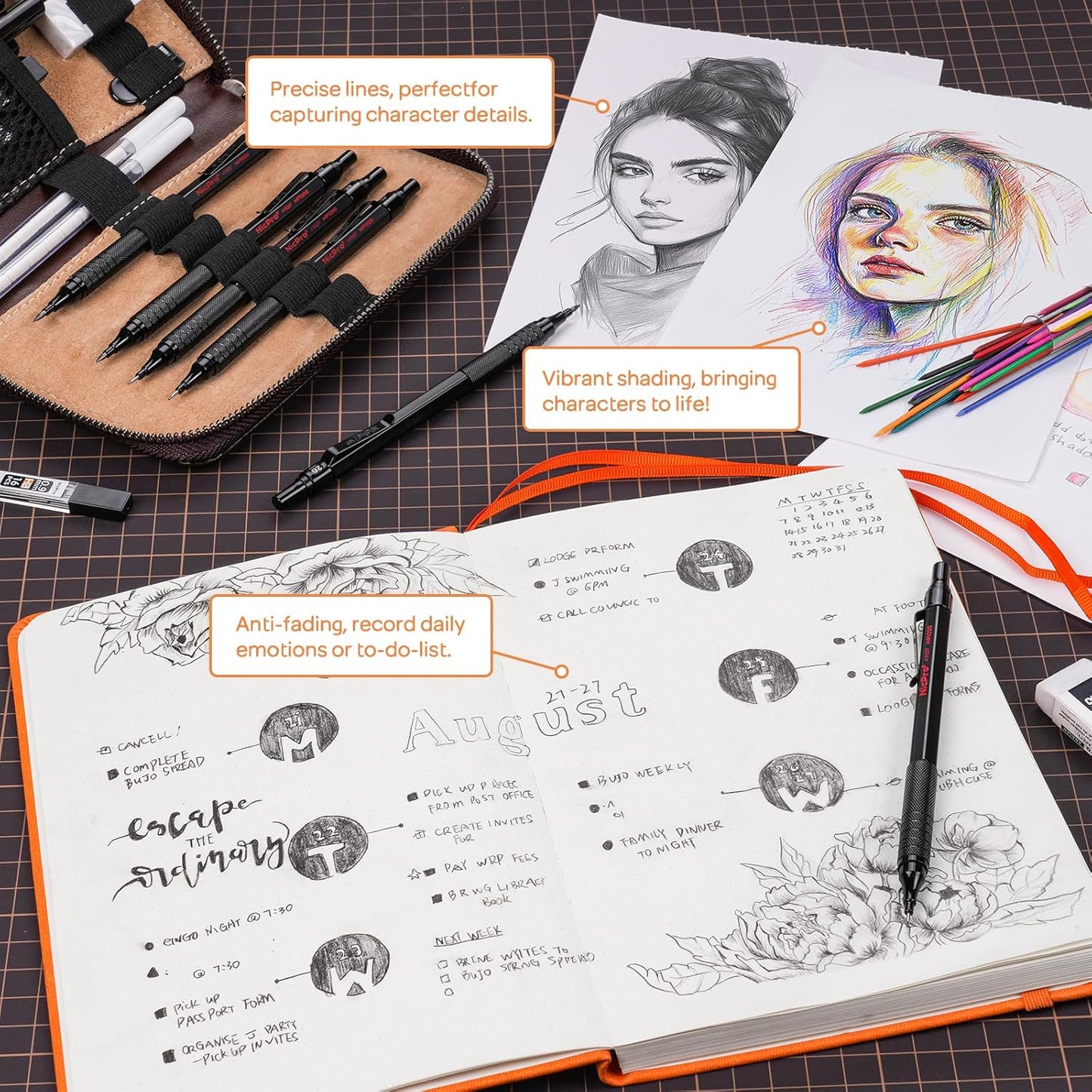 Nicpro 20PCS Black Metal Mechanical Pencil Set in Leather Case, Drafting Pencil 0.3, 0.5, 0.7, 0.9 mm & 2mm Lead Holders, 9 Tube (4B 2B HB 2H Colors) Lead Refills, Erasers For Art Sketching Drawing