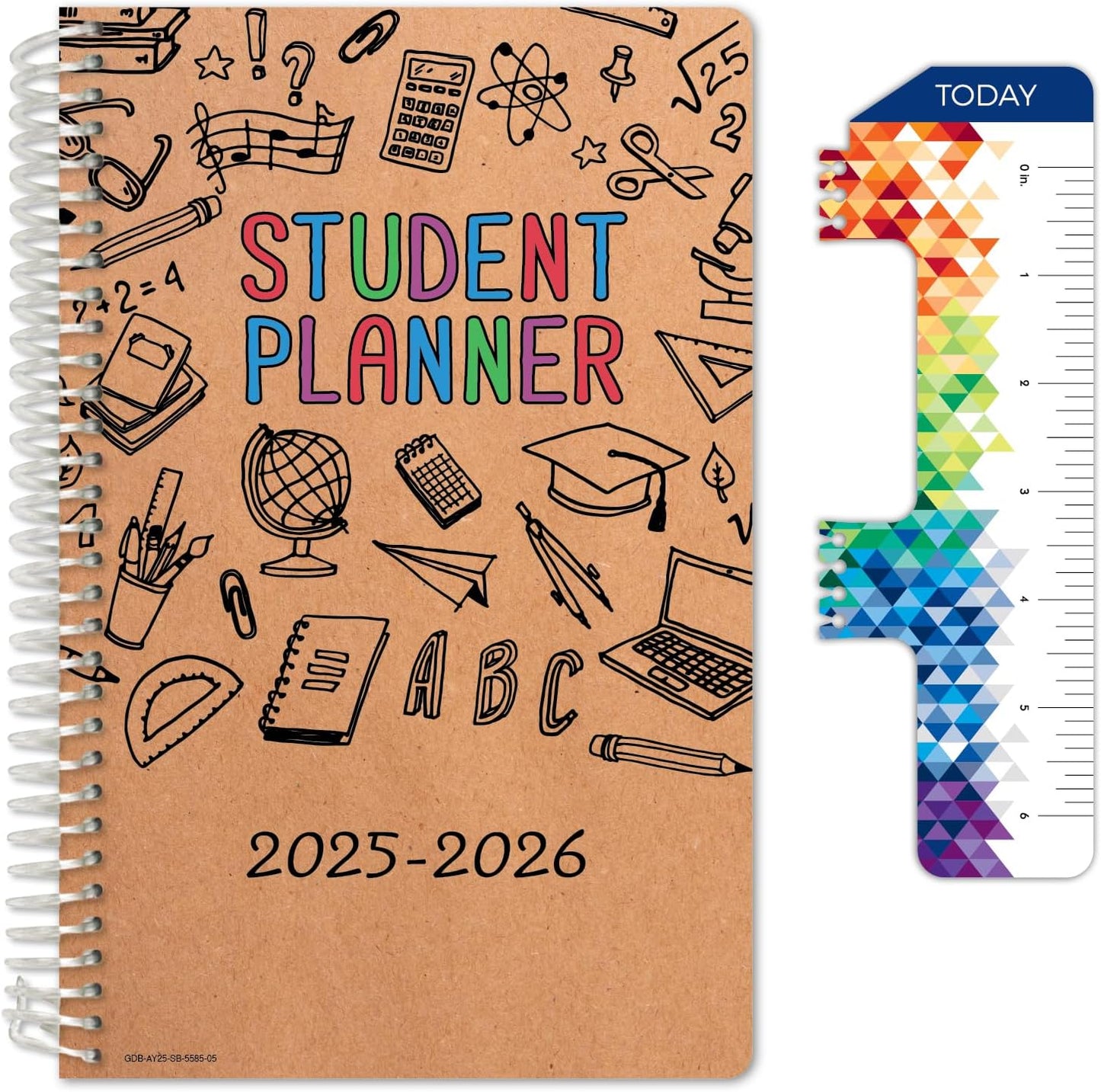 Global Datebooks Dated Middle School or High School Student Planner for Academic Year 2025-2026 Includes Ruler/Bookmark and Planning Stickers (Block Style - 5.5"x8.5" - Kraft Doodles)