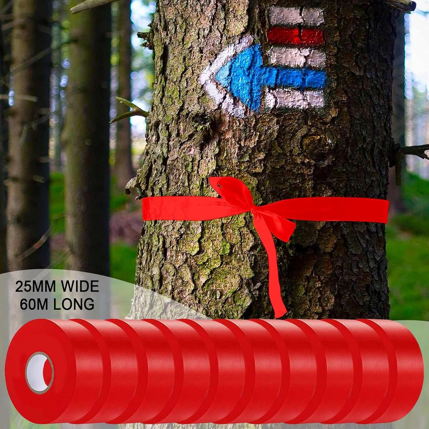 10 Pack Red Flagging Tape, Non-Adhesive Plastic Ribbon Neon Marking Roll, 1inch*2000ft, Marking Tape for Tree Marking, Hunting, Boundaries and Hazardous Areas,Trail Marking
