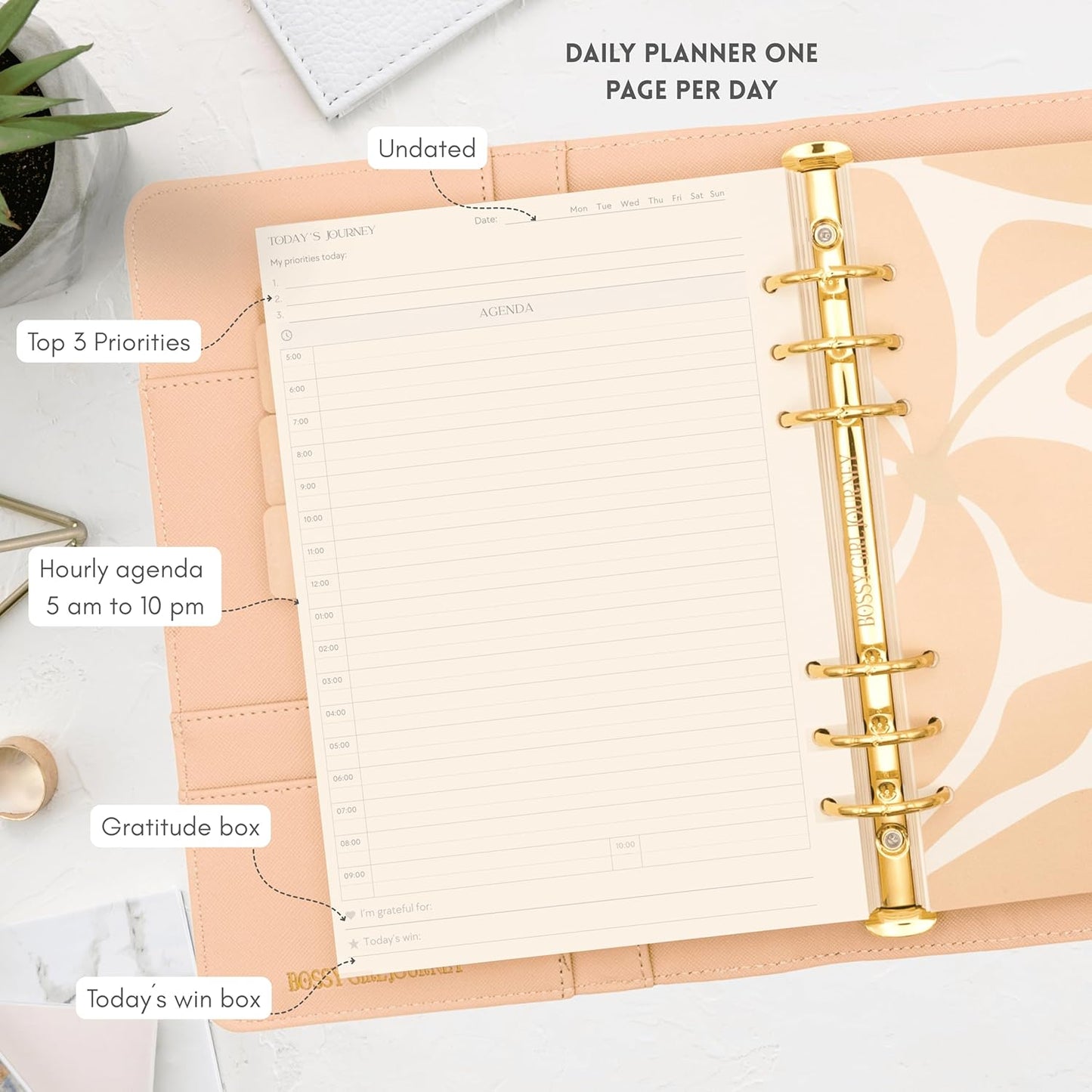 Bossy Girl Journey - A5 Daily Planner Binder – Undated Time Blocking Refillable Organizer for Women with 110gsm Paper, PU Leather Cover, Stickers, Dividers, Pen Loop, Gift Box – Goal Setting & Productivity (Beige)