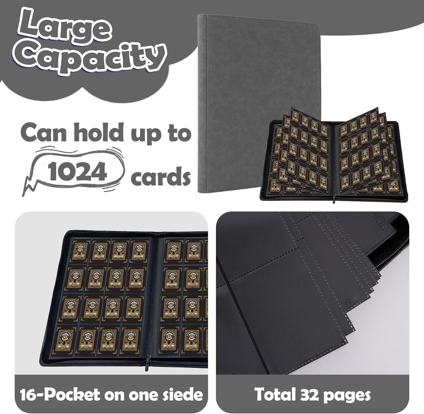 1000+ Pockets Trading Card Binder, 16 Pockets Trading Card Binder Ringless Side Loading Trading Card Album Folder for TCG,MTG,Sports Cards(Gray)