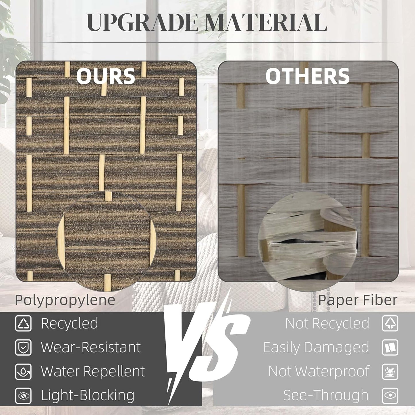 HOMCOM 4 Panel Room Divider, 6' Tall Folding Privacy Screen, Hand-Woven Freestanding Wall Partition for Home Office, Bedroom, Dark Rustic Oak