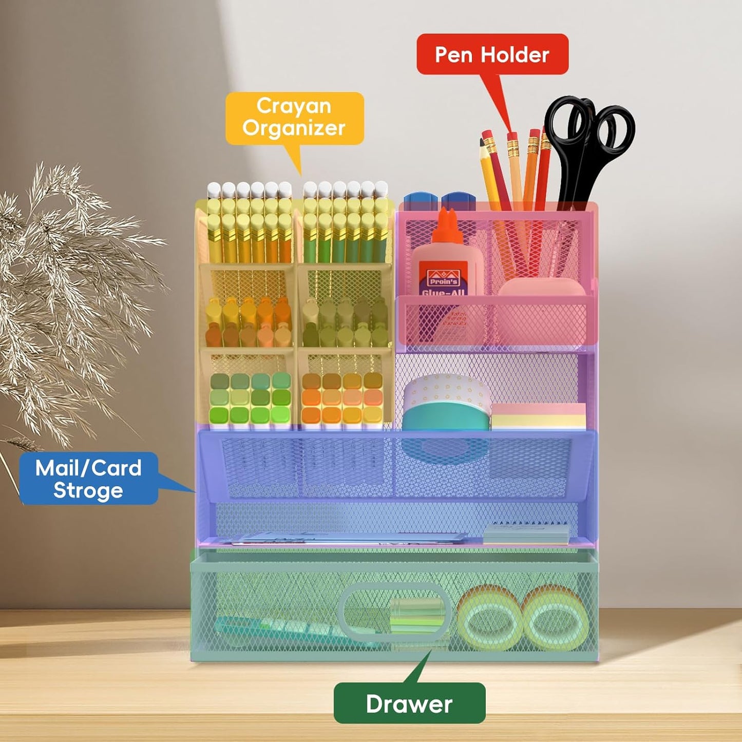 Mesh Pen Organizer for Desk, Multi-Functional Pencil Holder with Drawer Desk Organizers, Large Capacity Storage for School Office Home Supplies (Purple)