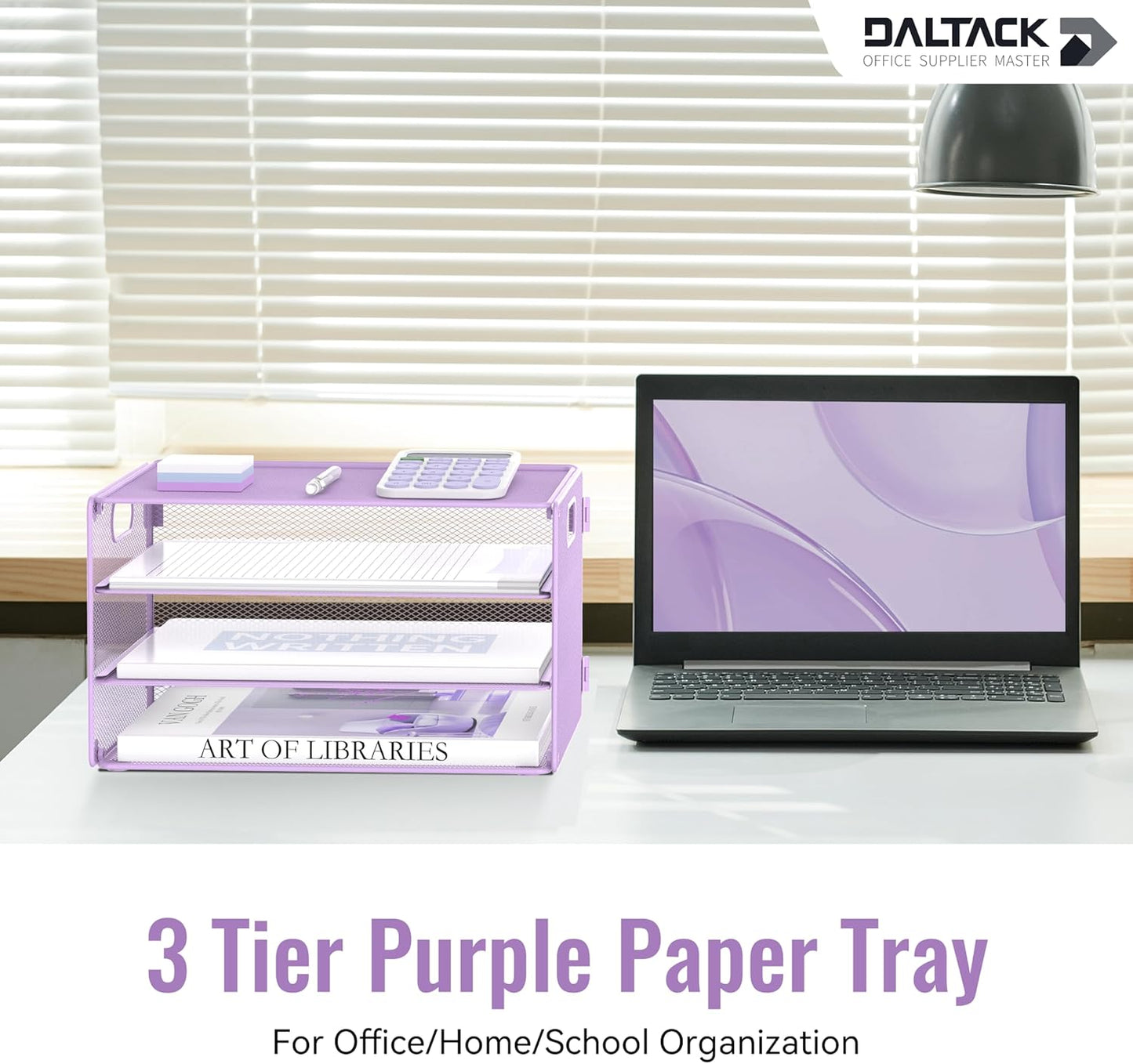DALTACK 3 Tier Letter Tray Paper Organizer with Handle, Mesh Desk File Organizer, Paper Tray Desk Organizer for School Office Home, Metal Mesh, Purple