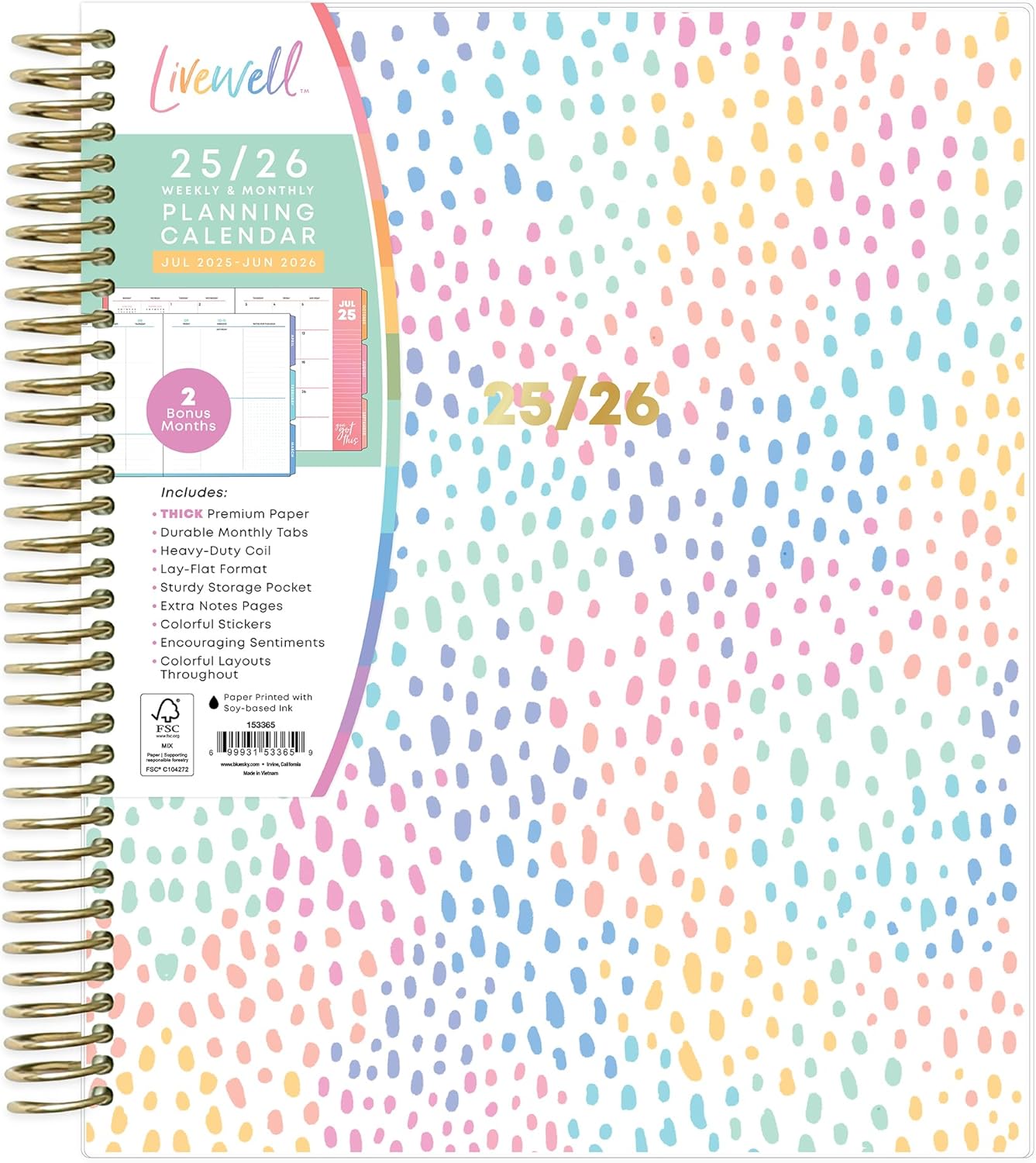 Blue Sky Livewell 2025-2026 Weekly and Monthly Academic Year Planner Calendar, July 2025 - June 2026, 7" x 9", Flexible Cover, Wirebound, Laminated Tabs, Storage Pocket, Includes Stickers, Rainbow