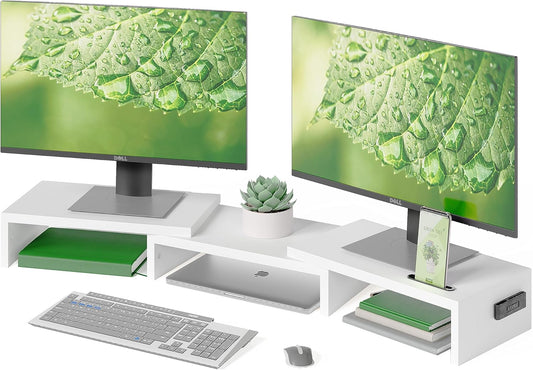 BONTEC Dual Monitor Stand for Desk, Adjustable Length and Angle Monitor Stand Riser with Smartphone Holder, Desk Shelf for Top of Desk, Computer Monitor Stand with Storage, Office Desk Organizer, White