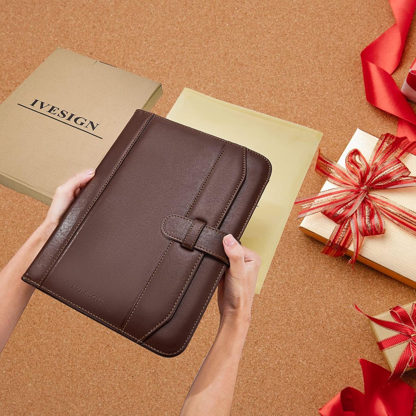 IVESIGN Leather Portfolio Notebook with Folder, Storage Clipboard with Cover for Legal Pad Holder Letter Size A4 Writing Pad for Business School Office Resume Conference Notepad Clip Boards (Brown)