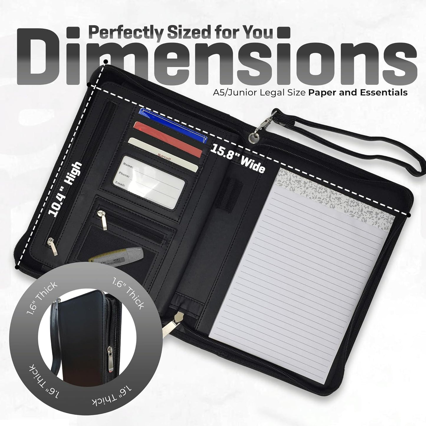 Zippered Leather Portfolio Binder with Junior Legal 5x8 Notepad - Black PU Leather Business Padfolio Organizer Folder with 8 Inch Tablet Sleeve & Gift Box by Lautus Designs
