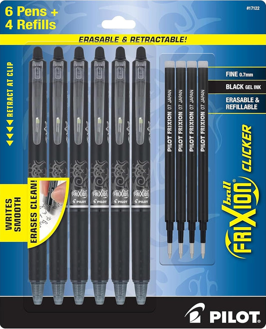 PILOT Frixion Erasable Pens Retractable Gel Ink, Pack of 6 Black Ink Pens + 4 Bonus Refills, Fine Point 0.7 mm Erasable Gel Pens