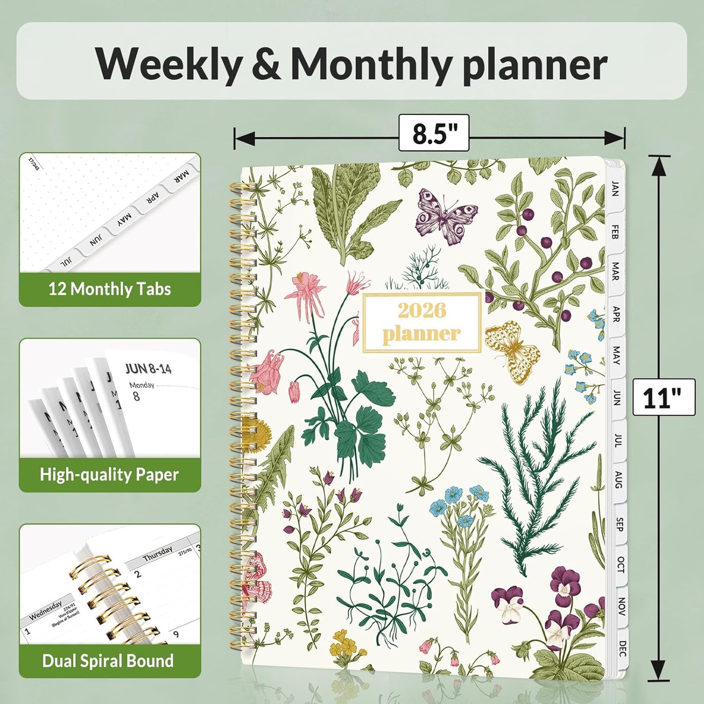 SUNEE Planner 2026 Weekly and Monthly, January 2026-December 2026, 8.5"x11", Tabs, Note Pages,Spiral Binding, Flora