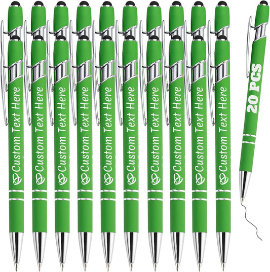 Personalized Pens Bulk 20 with Name Custom Engraving Ballpoint Pens with Stylus Tip Customized Smooth Writing Pens Personalized Gifts for Anniversary Birthday or Graduation(Light Green,Black Ink)