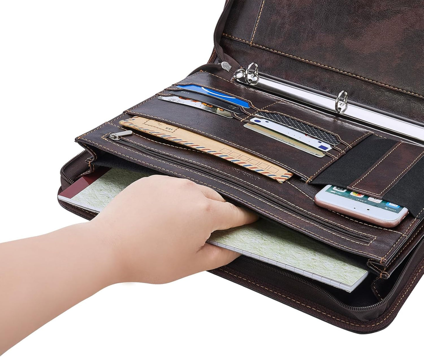 IVESIGN Zippered Padfolio Binder, Faux Leather Organizer with 3-Ring Binder, Left-Handed Design, Business Card Slots & Document Folders - Professional Padfolio for Office (Dark Brown)