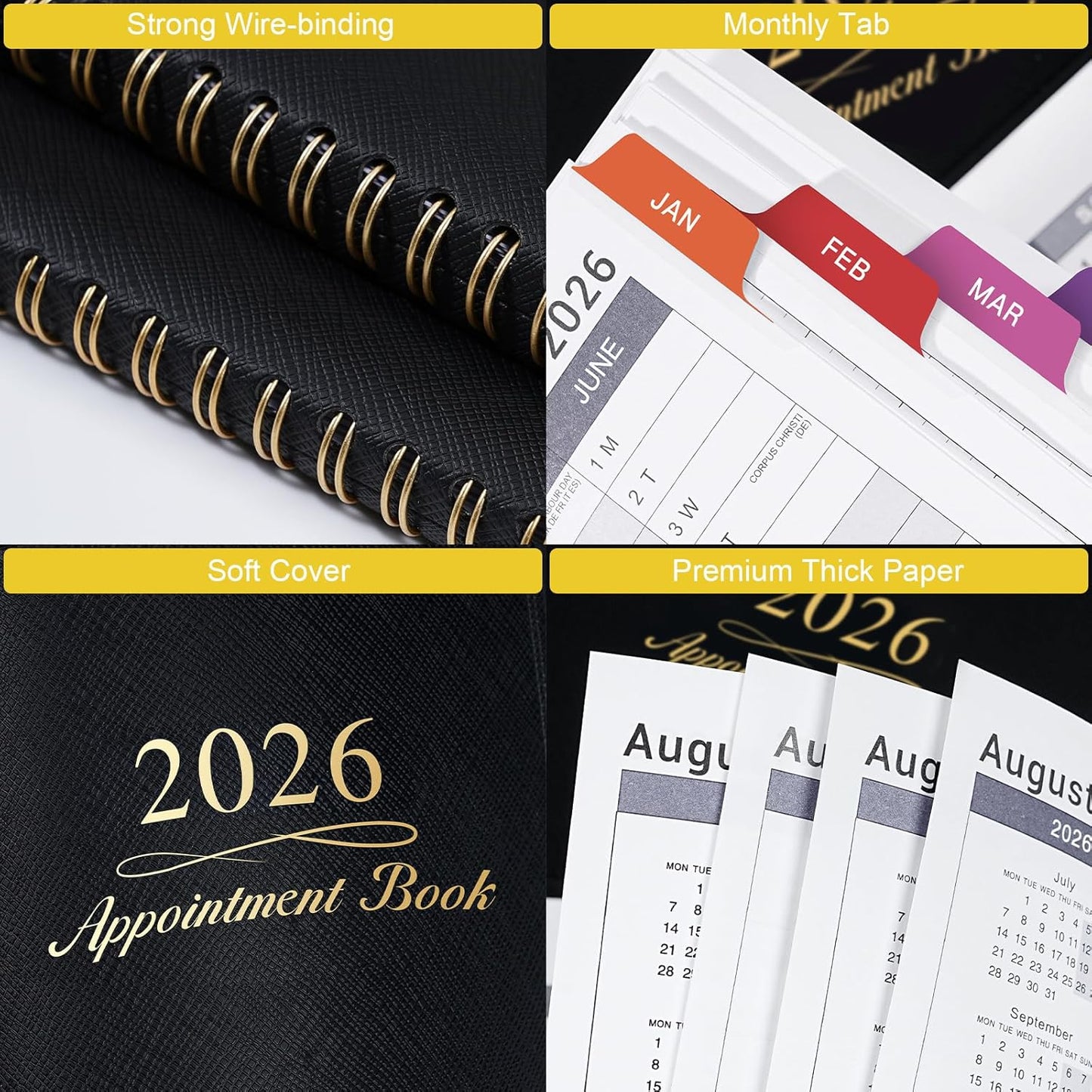 Appointment Book/Planner 2026 - Weekly Appointment Book 2026, January 2026 - December 2026, Daily/Hourly Planner with Tabs, 15 Minutes, 8.26" x 11.4", Wirebound - Black