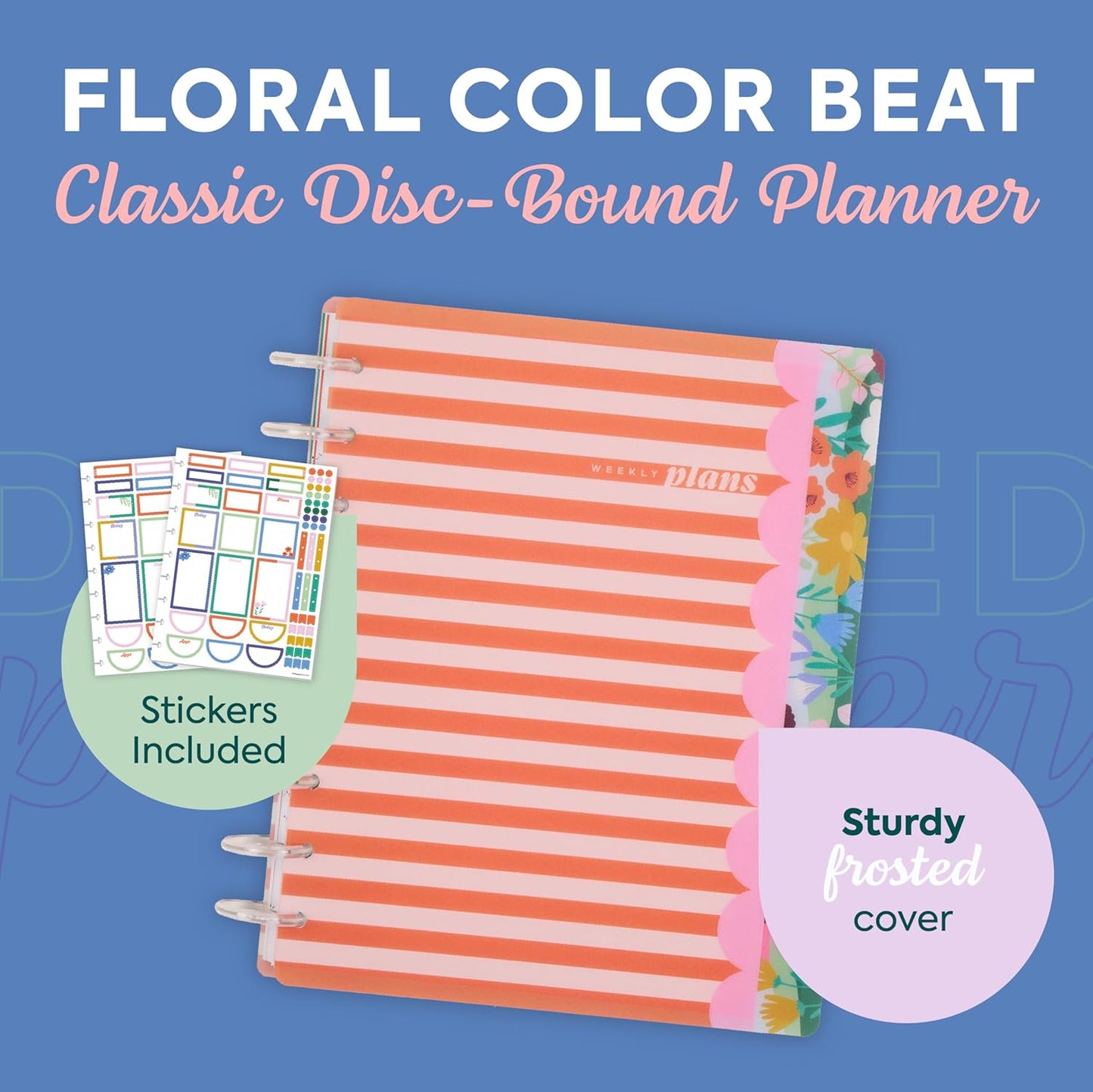 Happy Planner Disc-Bound Planner Jan.–Dec. 2026, Includes 3 Extra Months and 2 Sticker Sheets, Classic Size, 7" x 9.25", Dashboard Layout, Floral Color Beat