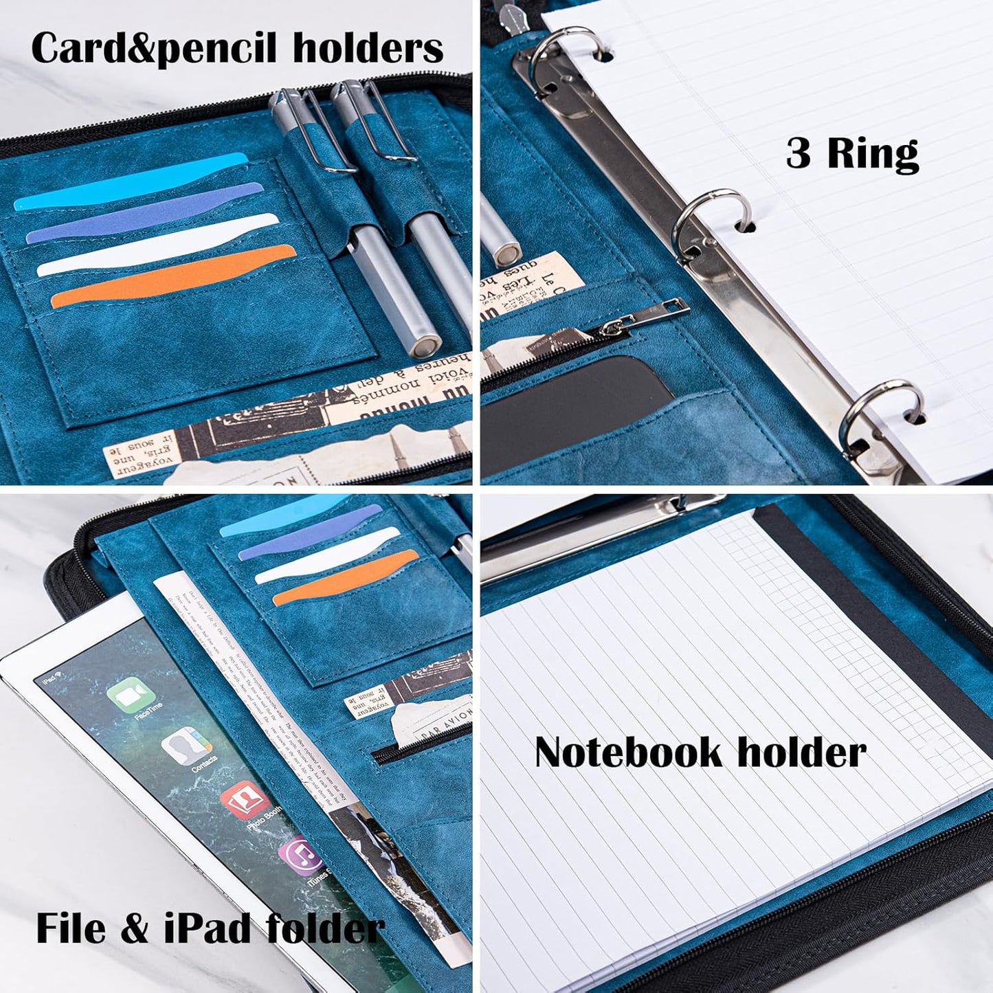 Calfinder 3 Ring Portfolio Binder,PU Leather Padtfolio Binder with Zipper,Padfolios for Women&Men,Professional Business Portfolio Organizer for Resume/Interview, A4 Letter Document Organizer