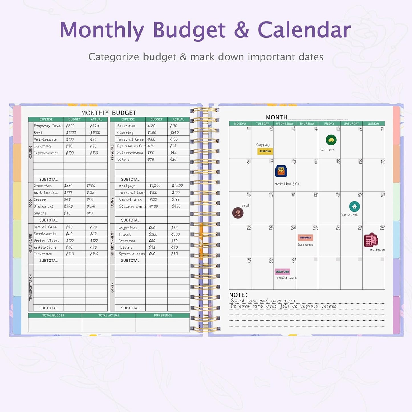 Ospelelf Budget Planner - Monthly Budget Book with Expense Tracker Notebook, Undated 12 Month Bill Organizer & Finance Planner, A4 Account Book with 12 Index Pockets, Zipper Pouch, Stickers Floral 3