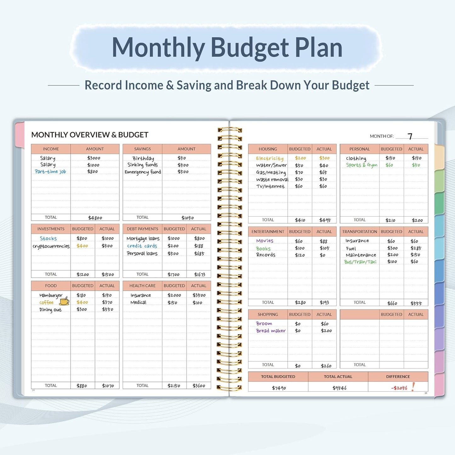 SUNEE Budget Planner - Monthly Budget Book with Expense Tracker Notebook, A4(8.5" x 11") Undated 12 Month Bill Organizer & Finance Planner to Manage Your Money, Account Book with Colorful Tab, Blue