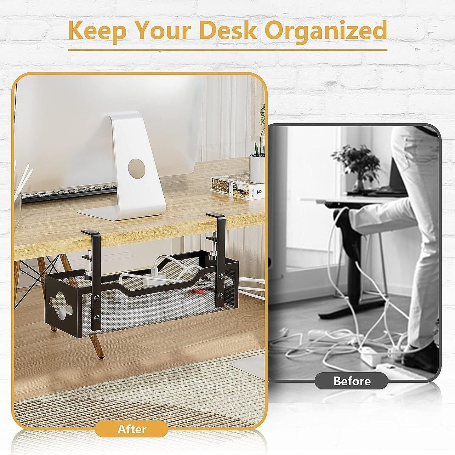 Under Desk Cable Management Tray 15.95", Quszmd Cable Organizer No Drill, Standing Cord Organizer and Wire Management Tray - No Damage to Desk, Black
