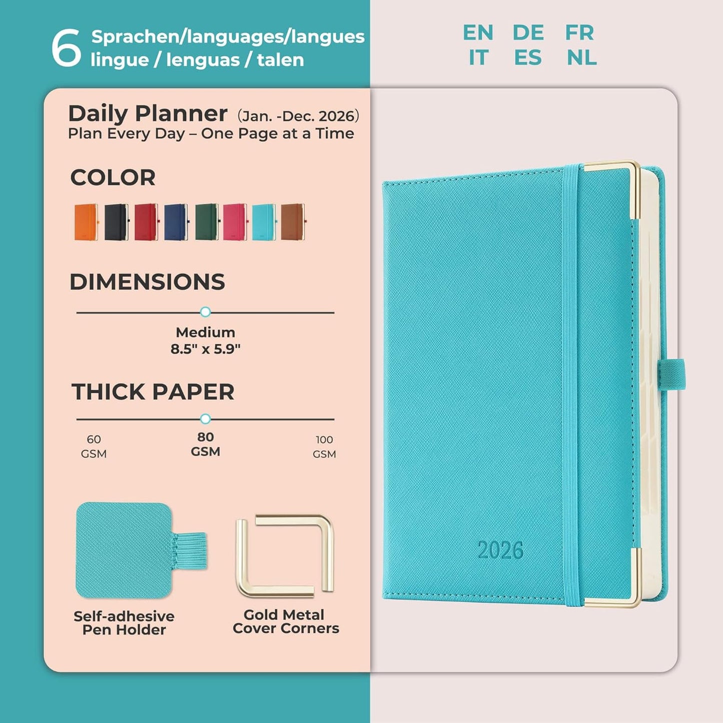 Daily Planner 2026 with One Page Per Day,(A5-8.5" x 5.9"),12 Months Calendar Hourly Appointment Book Monthly Tabs & Self-adhesive Pen Holder,Inner Pocket, Vegan Leather Hardback,Light Blue