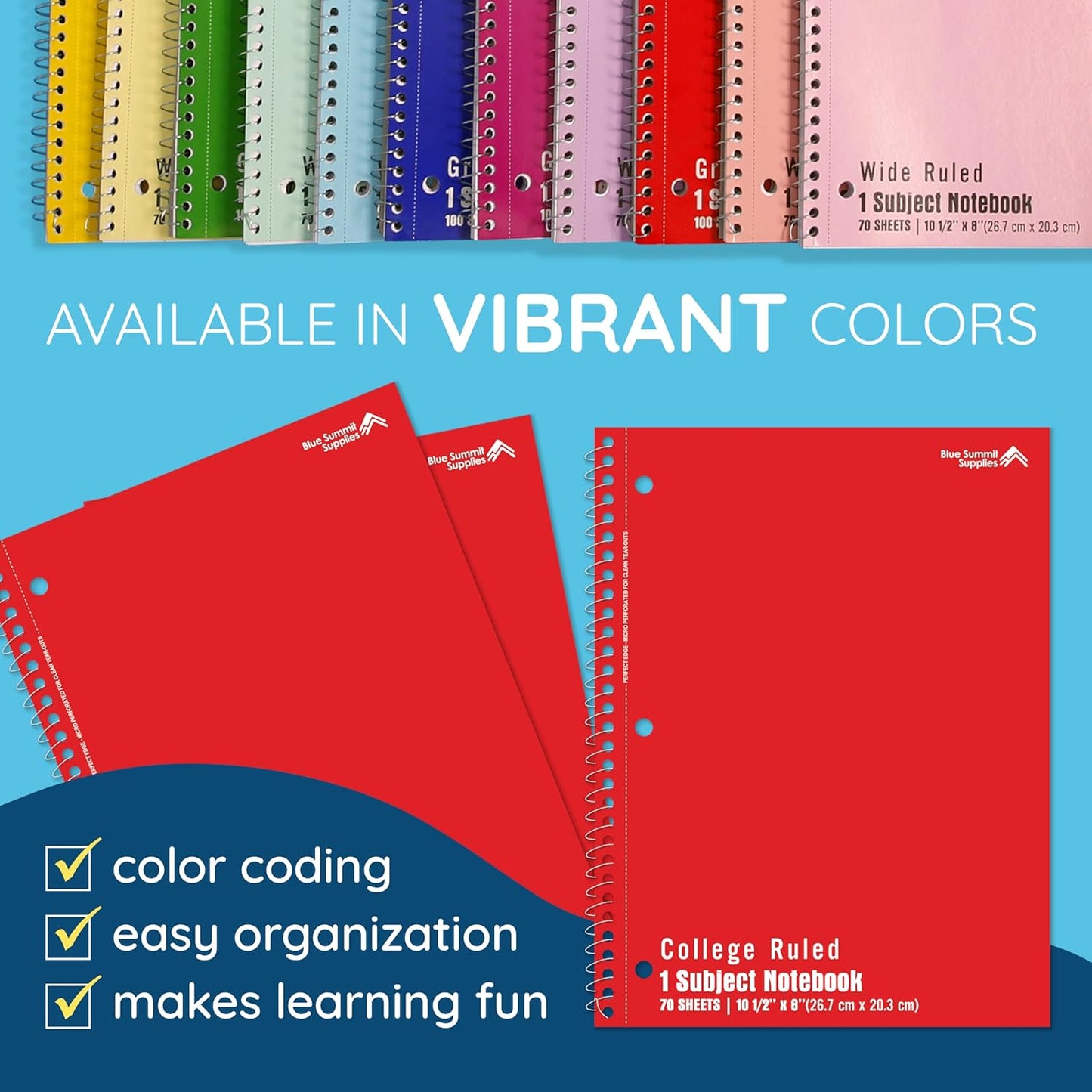 Blue Summit Red Spiral Notebooks Bulk, One Subject Spiral Notebook College Ruled, Perforated Notebook, 8 x 10.5 for Work and School, Paper, College Ruled, Bulk 48 Pack