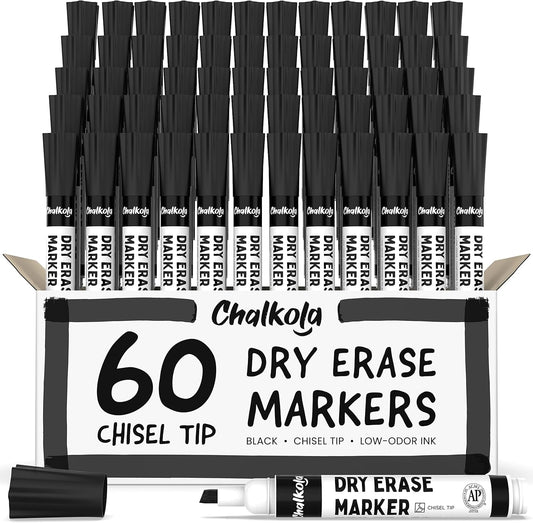 Chalkola 60 Black Dry Erase Markers Bulk Pack, Black Chisel Point White Board Marker Dry Erase Pens - Low Odor Whiteboard Markers for Kids, Home, Office, Back to School Supplies