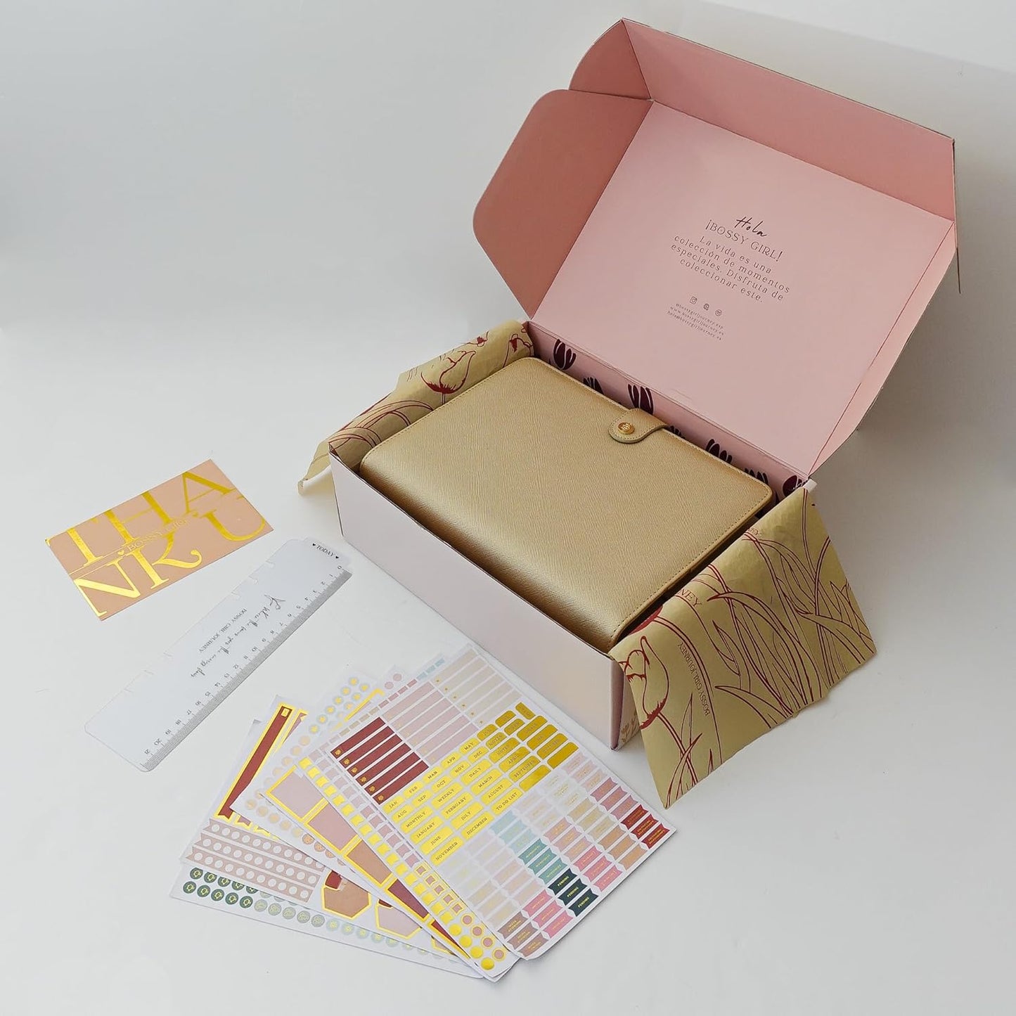 Bossy Girl Journey - A5 Daily Planner Binder – Undated Time Blocking Refillable Organizer for Women with 110gsm Paper, PU Leather Cover, Stickers, Dividers, Pen Loop, Gift Box – Goal Setting & Productivity (Gold)