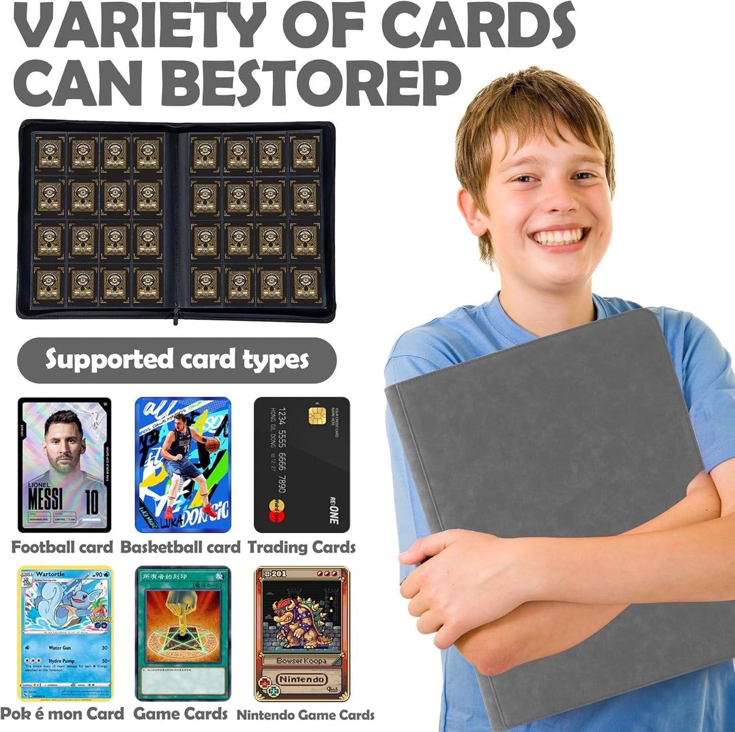 1000+ Pockets Trading Card Binder, 16 Pockets Trading Card Binder Ringless Side Loading Trading Card Album Folder for TCG,MTG,Sports Cards(Gray)