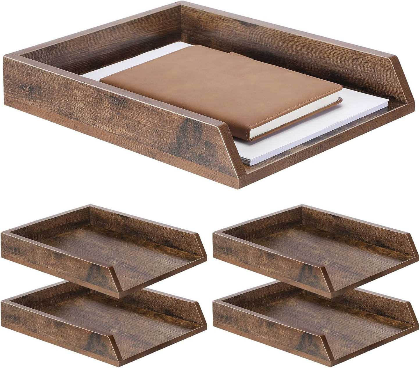 4 Pcs Wooden Letter Trays Wood Letter-Size Desk Organizer Heavy Duty 2 Tier Stackable Supports Paper Tray Desktop Drawer Organizer File Folder Magazine Office Accessories (Dark Wood)