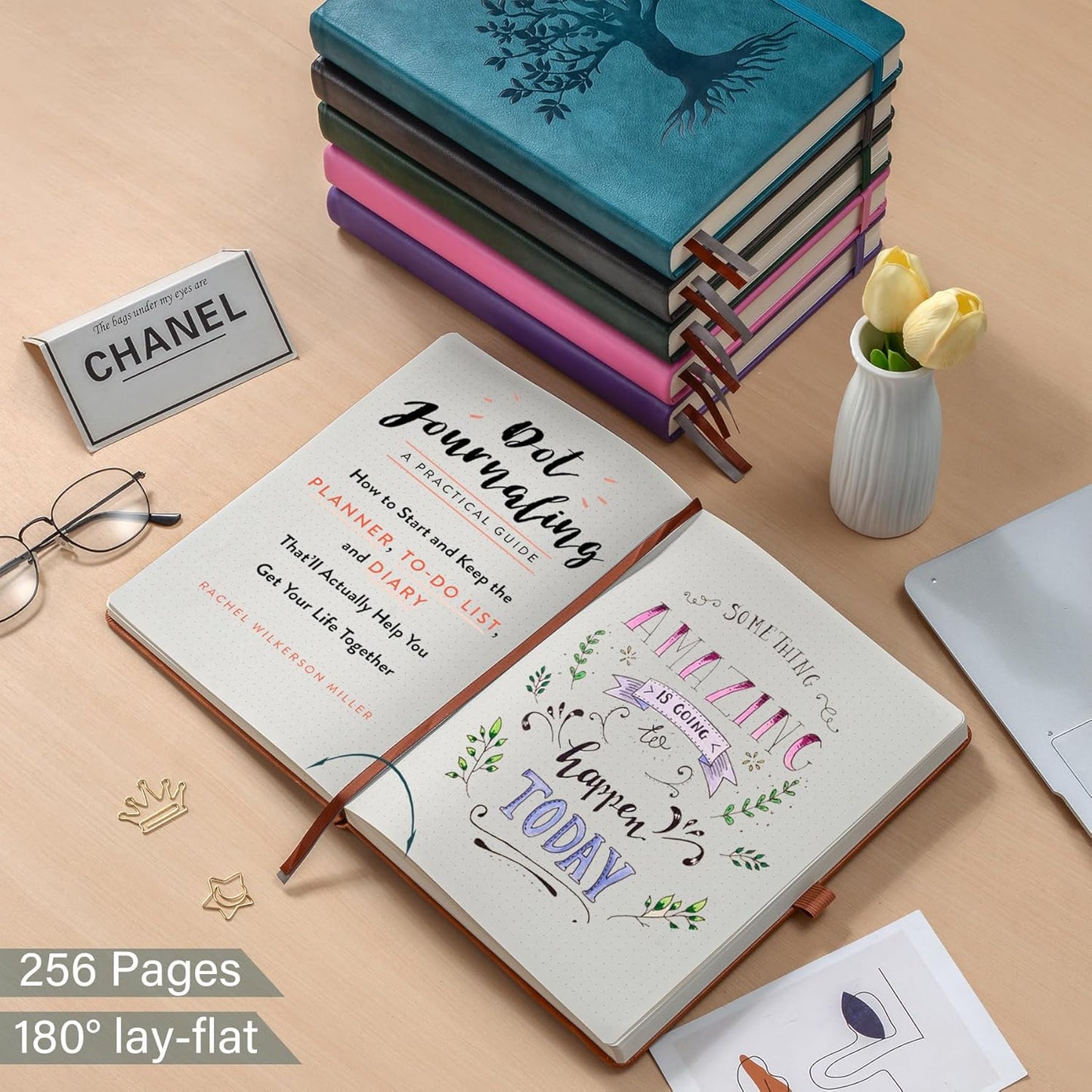 ZXHQ B5 Bullet Dotted Journal Notebook:150 gsm Thick Paper, 256 Pages, Dot Grid Hardcover, Tree of Life Design, Fine Inner Pocket - 7.7" × 10" Brown