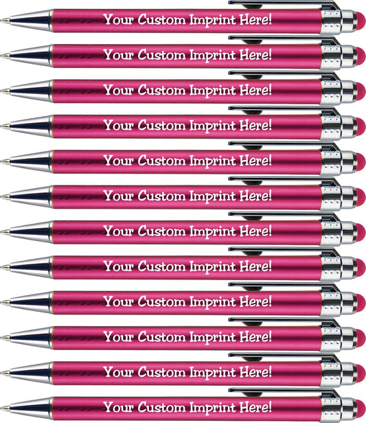 Personalized Pens with Stylus Tip -Bright Vibes- Click action - Custom - Black writing - Printed Name pens - Imprinted with Your Logo or Message - FREE PERSONALIZATION - 12 Pens/Box (Pink)