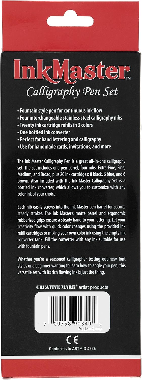Ink Master Calligraphy Set Fountain Pens 4 Different Size Nibs and 20 Assorted Ink Cartridges Plus One Bottled Converter - Complete Easy Learning Kit for Beginners
