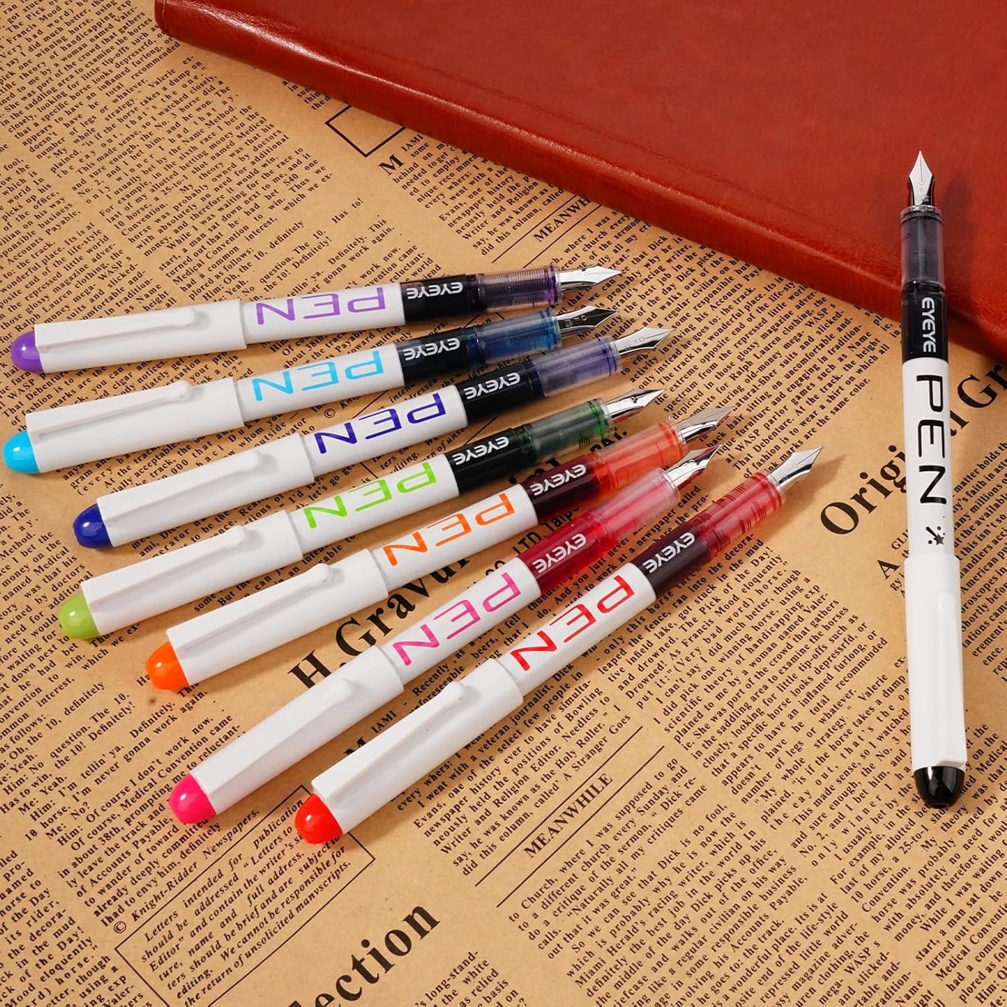 EYEYE Fountain Pens for Writing, 8 Pack Assorted Colors Fine Point Disposable Fountain Pens Stainless Steel Nib, Smooth Writing for Calligraphy, Journaling, Drafting, Sketching, Doodling & Gifts