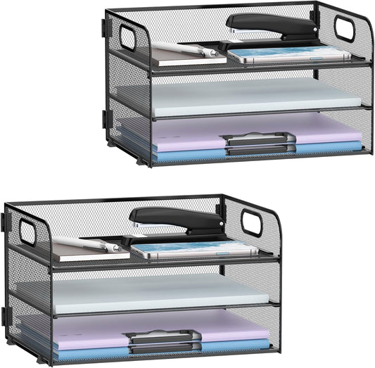 Supeasy 3 Tier Paper Organizer with Handle, Mesh Desk Organizer Letter Tray, Paper Tray File Organizer for A4 File Folder, Black, 2 Pack