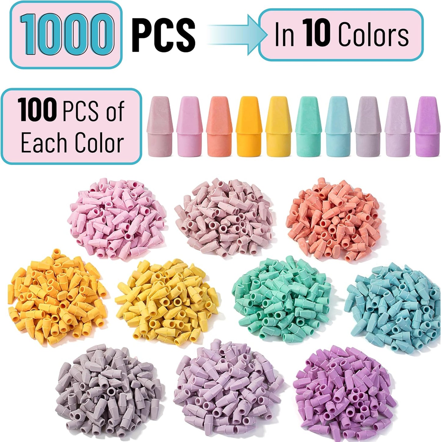 Mr. Pen- Pencil Erasers Toppers, 1000 Pack, Colorful, Latex Free, No Smudge, Mr Pen Erasers for Pencils