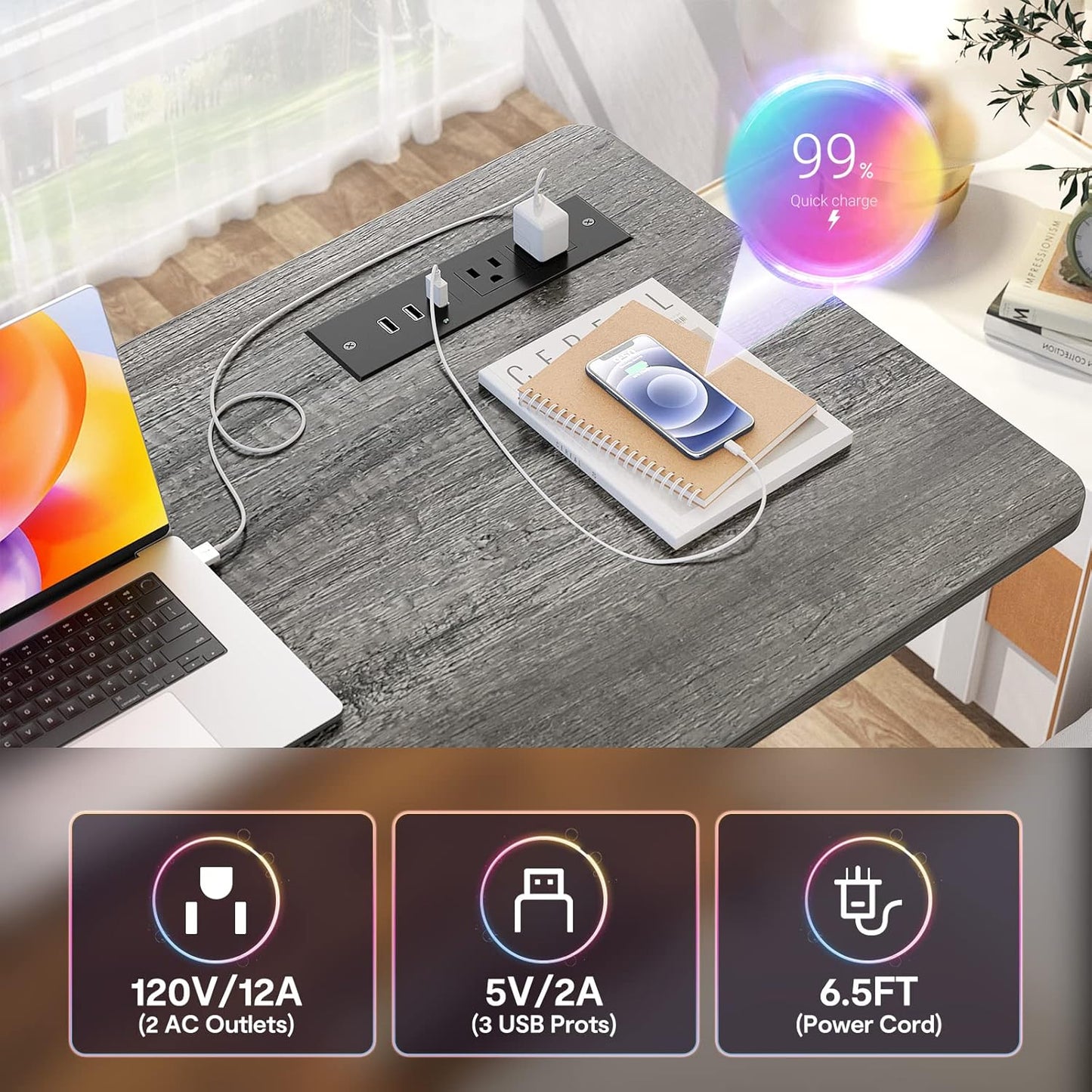 Height Adjustable Standing Desk with Power Outlets, 47" Manual Stand Up Desk with Storage Shelves Small Mobile Rolling Computer Desk Portable Laptop Table with Wheels for Home Office, Grey Oak