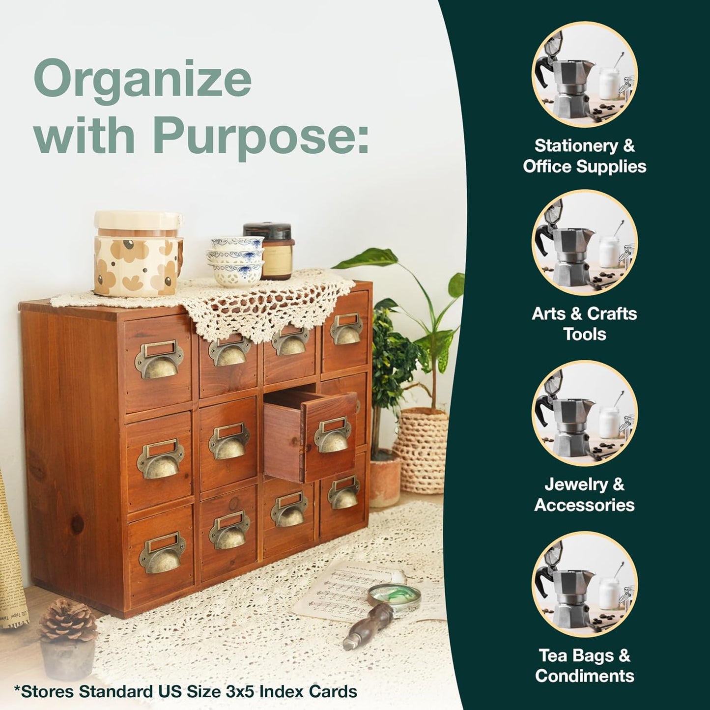 12-Drawer Apothecary Cabinet - Index Card Organizer - Mahogany Wooden Card Catalog - Fits Standard US 3x5in Index Cards - Vintage Desktop Drawer Organizer for Tea, Herbs, and Office Supplies