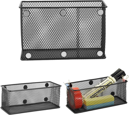 Neudeco Locker Shelf Organizer, Magnetic Pencil Holder, Metal Storage Basket for Whiteboard, Refrigerator, Ideal Cabinet for School, Black (Pack 3M)