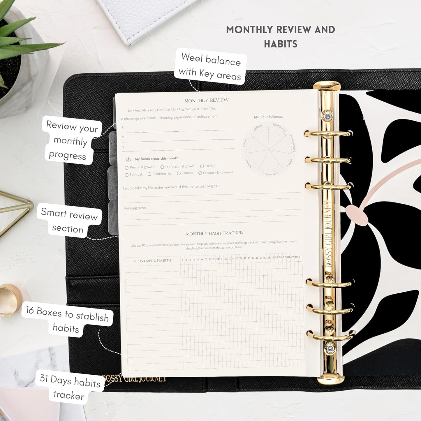 Bossy Girl Journey - A5 Week Undated Daily and Monthly Planner A5 Binder – Goal Setting Productivity Planner 120 Creamy GSM, Habit Tracker, 8 Tabs, Stickers + Bookmark & User Guide - Refillable Organizer for Women