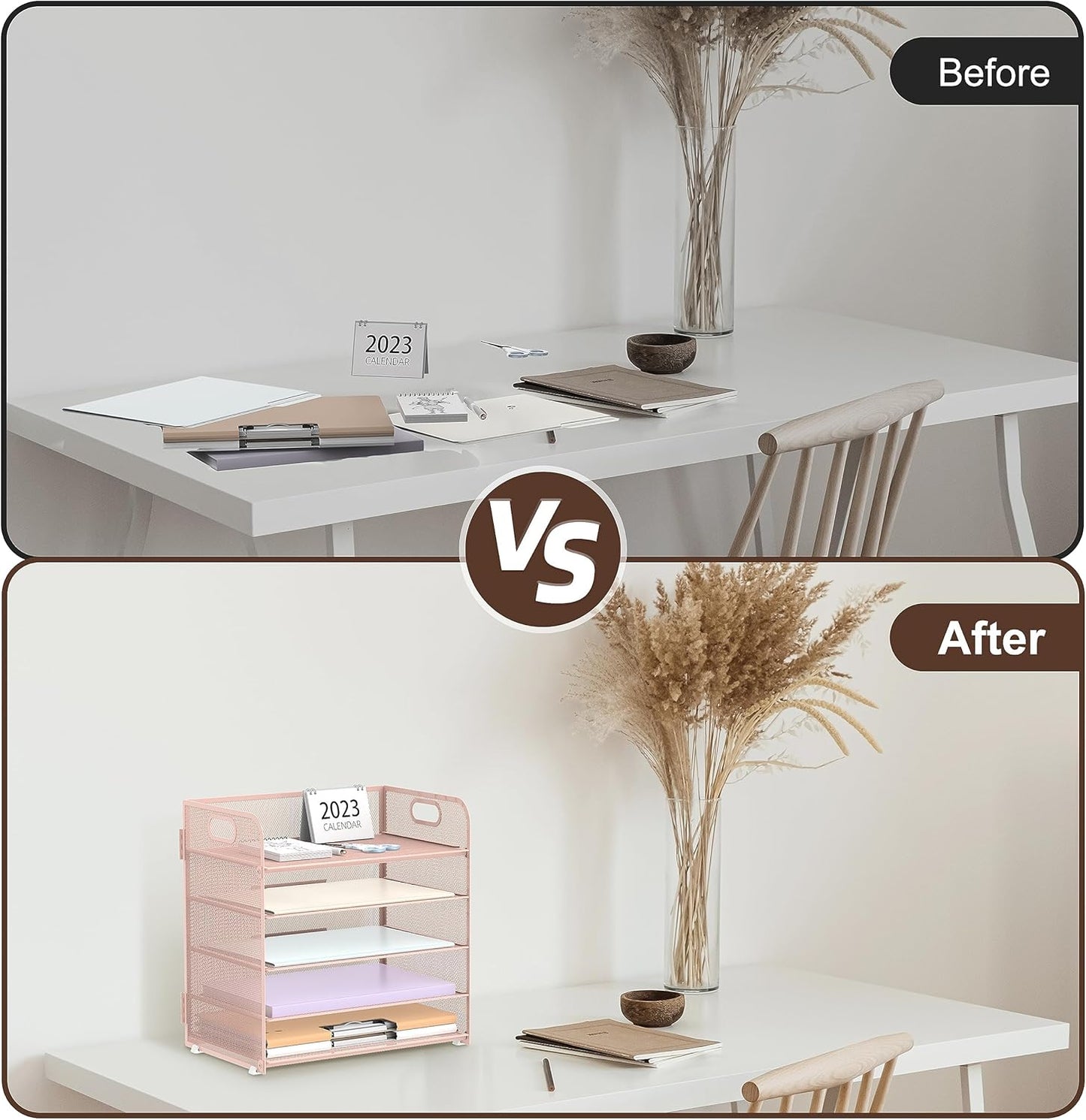 SUPEASY 2 Pack 5-Tier Pink Desk Organizer with Handle Mesh Desk File/Paper Organizer Letter Tray for Office, School and Home Easy Installation