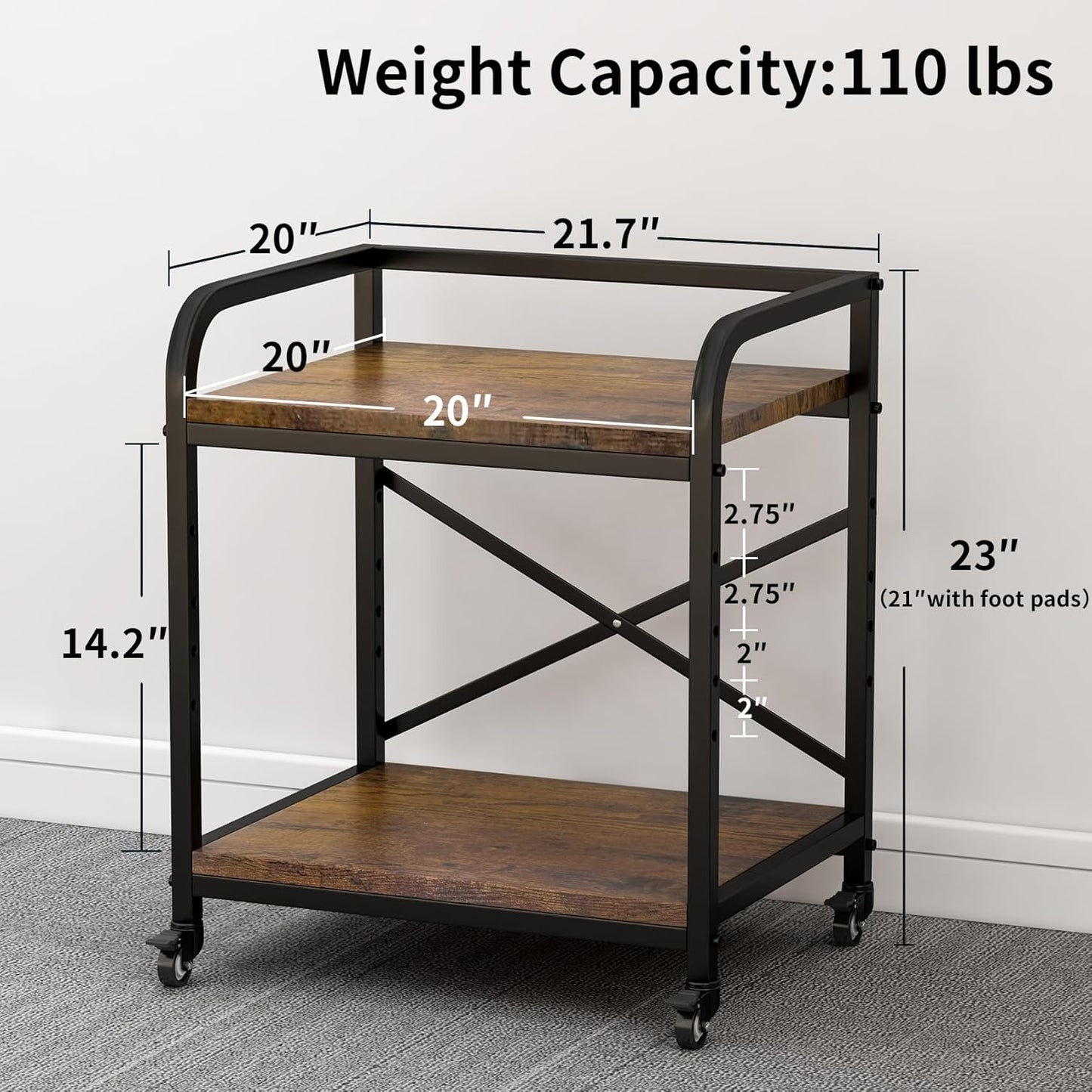 2 Tier Under Desk Printer Stand, Large Printer Table with Height Adjustable Shelf, Rolling Printer Cart with Industrial Wheels for Home Office, Scanner Fax (Rustic Brown)