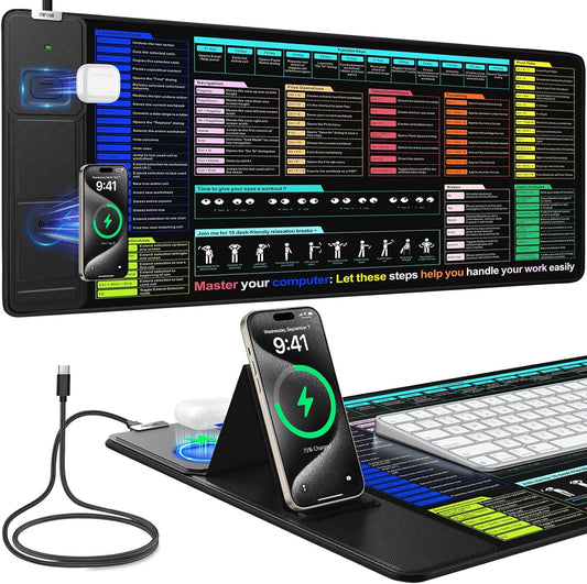 Mouse Pad for Excel/Word/PowerPoint/Windows Shortcut Keys, Desk Pad with Wireless Charger Phone Stand, XXL Large Excel Cheat Sheet Mousepad | PC Office Spreadsheet Desk Mat | Non-Slip Stitched Edge