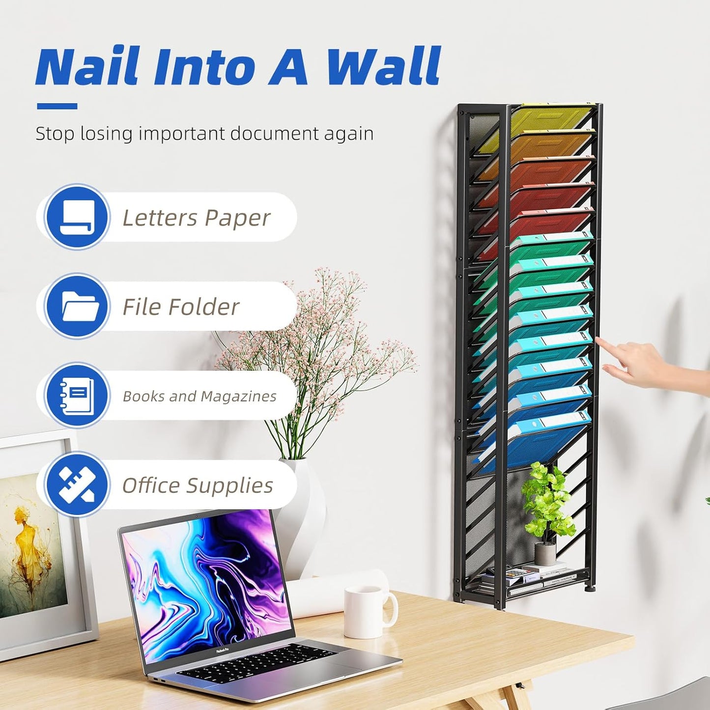 Simple Trending Wall File Organizer, 18-Tier Mesh Hanging Paper Document Folder Holder, Desktop Metal Files Storage Rack for Office and Home, Black