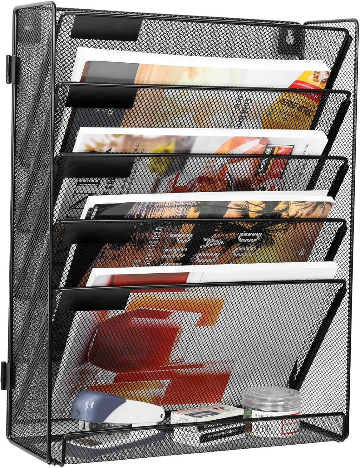 EasyPAG Wall File Holder Organizer 6 Tier Mesh Hanging Wall Mounted Document Paper Folder Filing Magazine Rack with Nametag Label for Office Home School, Black