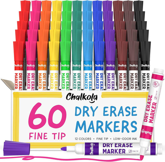 Chalkola Dry Erase Markers Fine Tip Bulk Pack of 60, Thin Point White Board Pens Dry Erase Pens - Non toxic, Low odor Whiteboard Markers for Kids, Teachers, Home, Office & Back to School Supplies