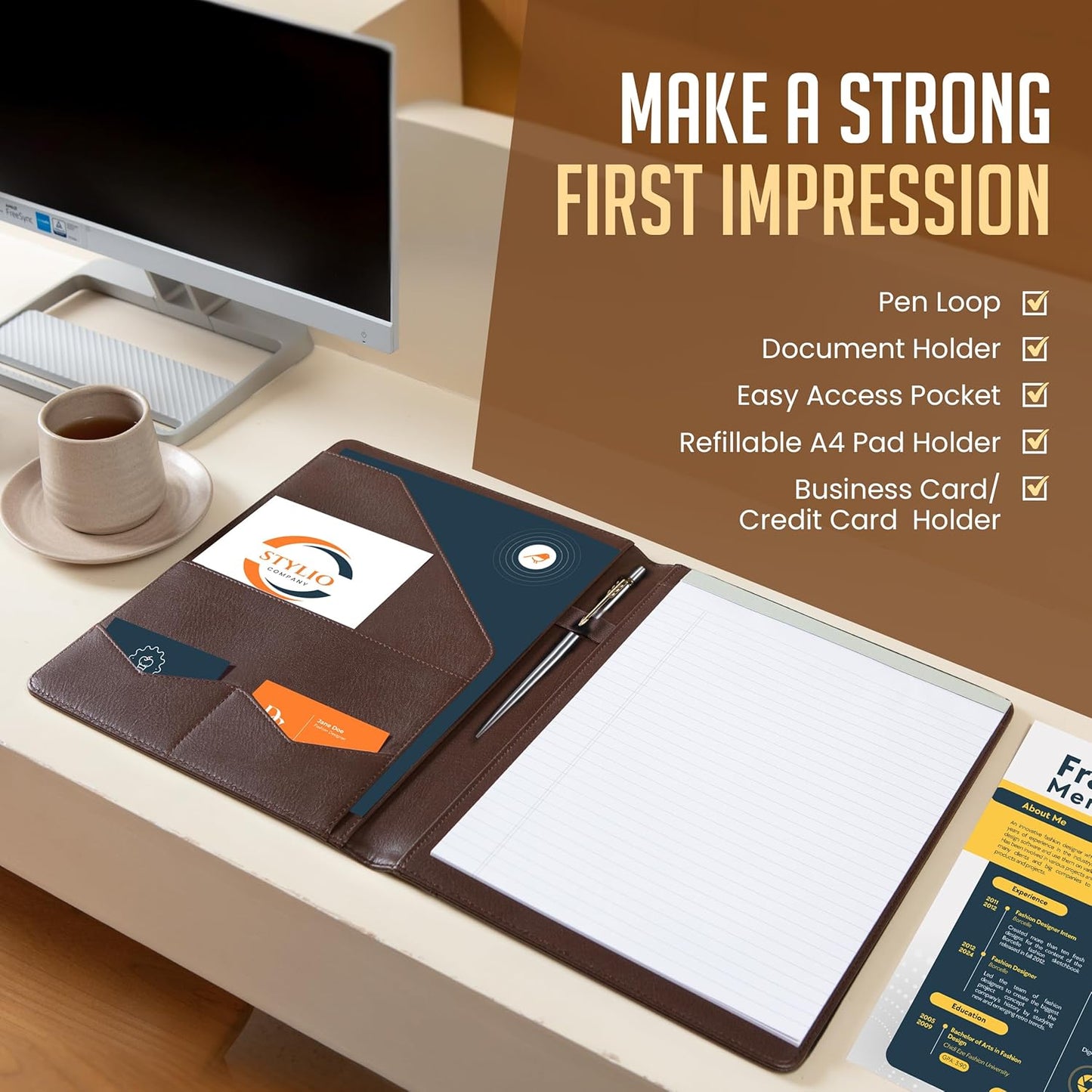 STYLIO Padfolio Portfolio Organizer Binder (Walnut Color) | Interview Resume Folder, Document, Business Card Holder |w/Letter-Sized Notepad | Handsome Brown Faux Leather Folio Matte Finish